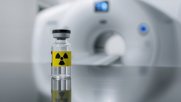 Medical vial with radioactive symbol in front of MRI scanner in hospital setting, representing nuclear medicine and diagnostic imaging