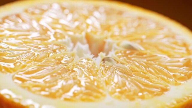 Extreme Close-Up of a Freshly Sliced Orange, Revealing Glistening Juicy Pulp and Texture.