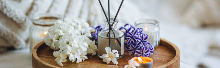 Banner. Comfortable atmosphere, spring delicious fresh smell. Aroma diffuser, burning candle,...