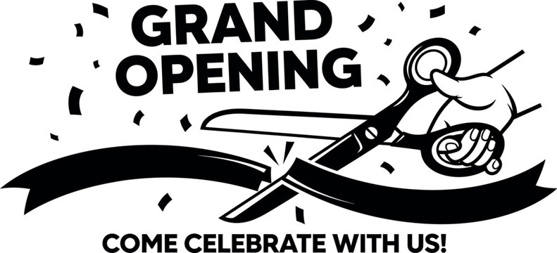Grand opening celebration with ribbon cutting and confetti