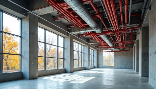 Unfinished office space with exposed concrete columns, walls. Large windows offer views of autumn trees. Red pipes, metal ducts form intricate patterns on ceiling, alongside suspended grid system for