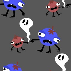 Halloween monsters vegetables seamless tomato and peas pattern for wrapping paper and fabrics