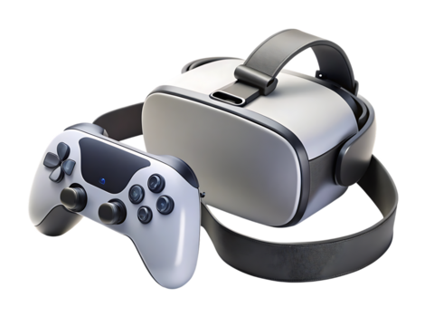 Smart White Meta Quest 3 VR Headset and Controller, isolated on a white or transparent background, cut out on PNG, generated AI