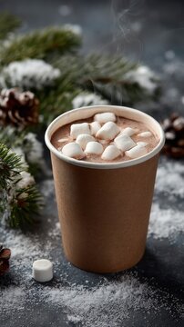 Paper cup brown clear with hot chocolate and fluffy marshmallows, generated AI