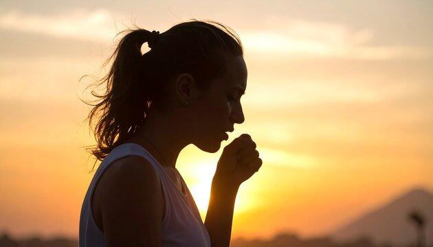A woman in silhouette, hair in a ponytail, coughs while bathed in the warm glow of a sunset - Powered by Adobe