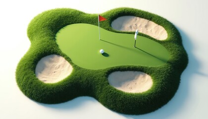 Aerial view of simplified golf course bunker section with green grass, sand traps. Includes putting green, golf ball, flags for holes. Illustration offers clean, isolated perspective ideal for sport