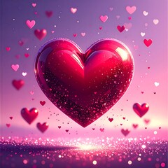 A large, glossy red heart surrounded by smaller hearts and glitter