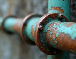 Close-up on weathered copper pipes showing patina and corrosion. Teal paint flakes off revealing oxidized metal texture. Rusty details on plumbing and construction elements.