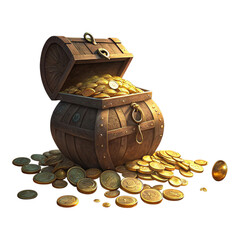 A wooden treasure chest overflowing with gold coins scattered on a black background illustration art