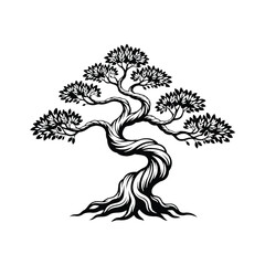 Detailed vector illustration of a twisted ancient bonsai tree with intricate branches and roots silhouette