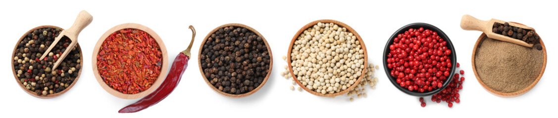 Various types of peppers in bowls isolated on white, set. Top view