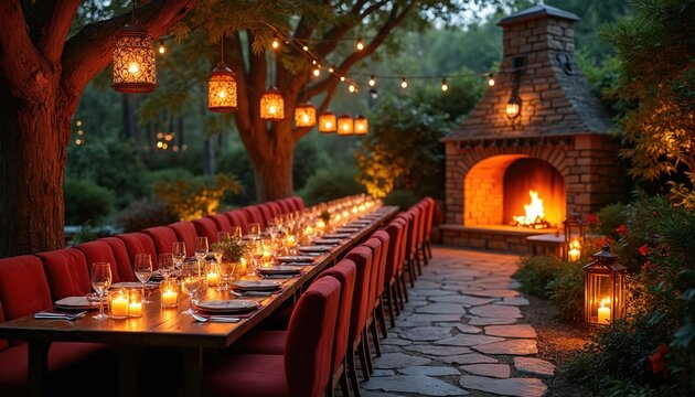 Romantic outdoor dining setup featuring long table set for feast. Warm glow from lanterns, string lights, roaring fireplace creates cozy, elegant atmosphere. Rich garden surrounds stone patio,