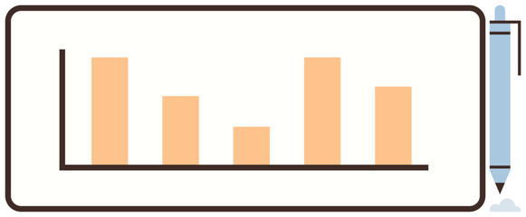 Vertical bar graph with five orange columns inside frame, accompanied by pen on side. Ideal for data analysis, business tools, education, statistics, planning, research presentation. Simple flat