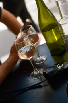 Bottle and glasses of rose in a Parisian caf&eacute;