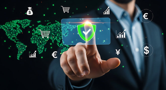 Man touches a glowing screen with a security shield, world map and various global finance symbols, suggesting secure international online transactions and investment. - Powered by Adobe