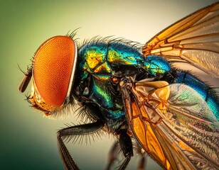 Close-up profile of iridescent fly with vibrant orange eyes and translucent wings