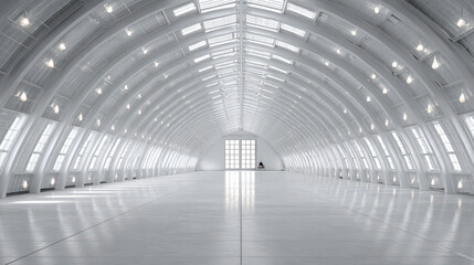 Warehouse's Architectural Marvel: A modern warehouse showcasing sleek, contemporary design, highlighted by its arching ceiling and radiant lighting.