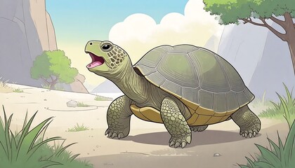 Cartoon tortoise stretches neck, mouth open, walking outdoor in grassy landscape