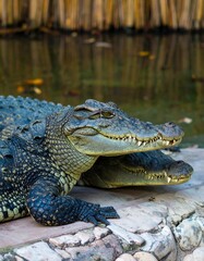 Obraz premium Two young crocodiles near water's edge