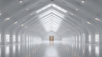 Spacious Warehouse: An expansive, modern warehouse interior with clean lines, bathed in natural light, emphasizing functionality and efficiency.