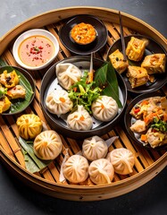 Assorted dim sum dishes on a bamboo steamer