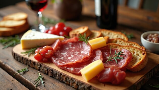 Mediterranean charcuterie board features assorted cold cuts, cheeses, grapes on rustic wood. Sliced salami, hard cheese chunks, red grapes, toasted bread slices offer gourmet appetizer. Glass of red