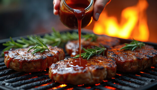 Hand pours marinade sauce onto grilled meat sizzling on barbecue. Rosemary sprigs top juicy steaks cooking over hot flames. Culinary detail of preparing tender, flavorful charred beef.