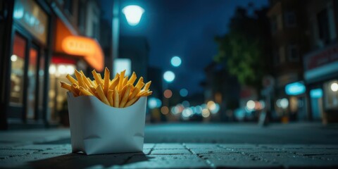 Fries in a white box placed under a streetlight, creating a sense of urban life and late night cravings.