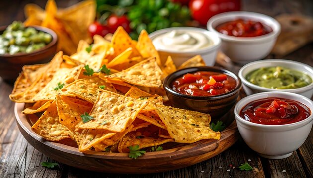 Tortilla chips with various dips