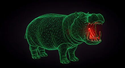 Digital Wireframe Rendering of a Hippopotamus with Open Mouth Green and Red Neon Lights 3D Model