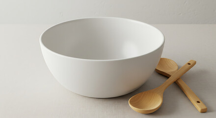  Empty White Ceramic Mixing Bowl with Wooden Spoons on Neutral Background - Kitchen Utensil and Cookware for Food Preparation