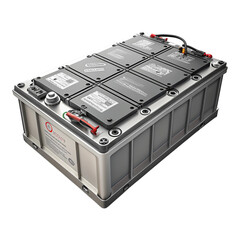 A close up shot of a large battery pack with multiple modules and warning labels on a black background