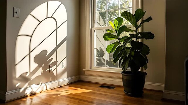 Sunlight streams through window, casting shadow of arched windowpane onto wall, fiddle leaf fig in pot nearby.