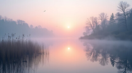 Fototapeta premium Misty morning forest lake with a perfect mirror reflection .