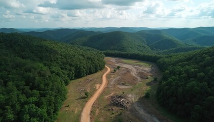 Fototapeta premium Aerial view shows contrast between dense green forest, cleared land with dirt road. Evidence of logging activity, fallen trees, barren earth visible at forest margin. Hills stretch to horizon under