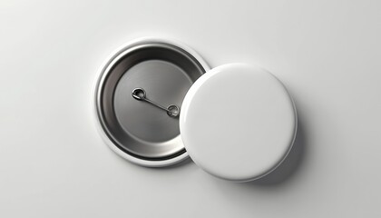 3D rendering shows blank round badge, metal backing. White glossy surface offers ample copy space for branding, logos. Realistic shiny object on clean white isolated background, perfect for design