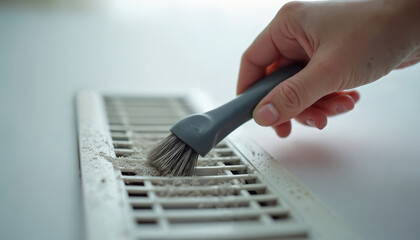 Close-up of hand cleaning dusty air vent with brush. Household hygiene routine removes dust particles for improved home air quality, safety, and comfort. Maintenance of ventilation systems.