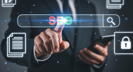 Businessman touches seo search bar on screen, using smartphone for online marketing strategy.
