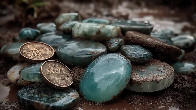 Ancient Coins and Jade Scattered in Mud
