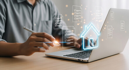 Person using digital pen on laptop, with home icon and checklist documents floating, representing property purchase process or mortgage application