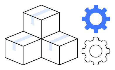 Three stacked boxes with blue tape alongside blue and white gears symbolizing workflow, logistics, automation, supply chain, production, packaging, and efficiency. A simple flat metaphor