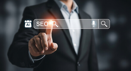 Man in suit touching virtual search bar with seo keyword and ai assistant calendar, symbolizing search engine optimization and artificial intelligence.