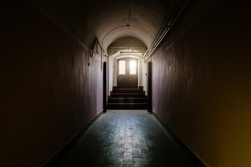 Inside old Asylum for the insane. Dark creepy abandoned mental hospital