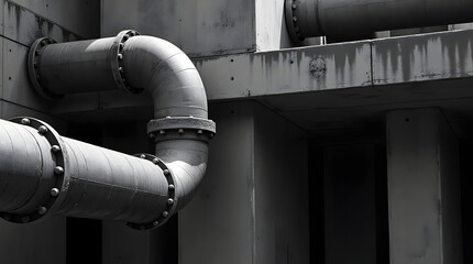 Monochrome industrial composition featuring rusted metal pipes with visible corrosion .