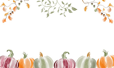 Autumn harvest banner in watercolor style. Halloween and Thanksgiving frame for invitations, postcards, and festive decoration.