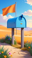 A vibrant mailbox in a desert landscape