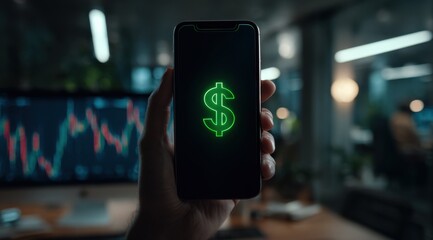 Smartphone displaying glowing green dollar sign in dark room with stock market charts
