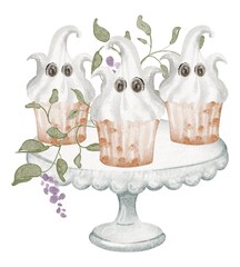 Halloween ghost meringue cupcakes in a watercolor autumn composition. Includes dessert, cupcakes, party, and festive holiday treats.