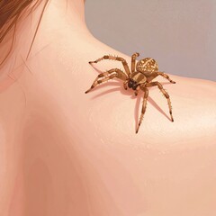 A large spider rests on a woman's shoulder.  Soft colors, digital art
