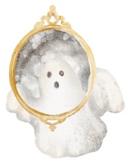 Watercolor illustration of a mirror with a little ghost. Halloween decoration with reflection, spirit, phantom, and supernatural element. Printable, clipart, postcard.
